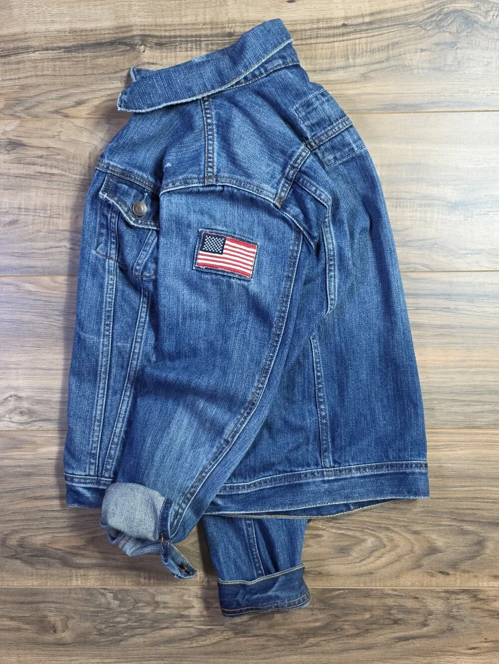 Abercrombie Kids Distressed Denim Trucker Jacket USA Flag Blue 13/14